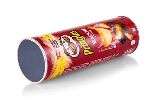 Kamchatka, Russia - November 20, 2021: Package of Pringles the Original potato crisps with bacon on an isolated background.