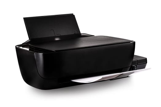 New modern multifunction  black inkjet printer with paper isolated on white background