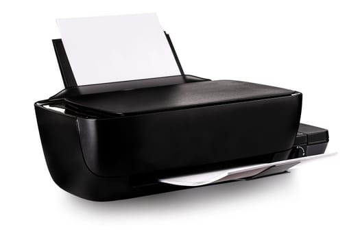 New modern multifunction  black inkjet printer with paper isolated on white background