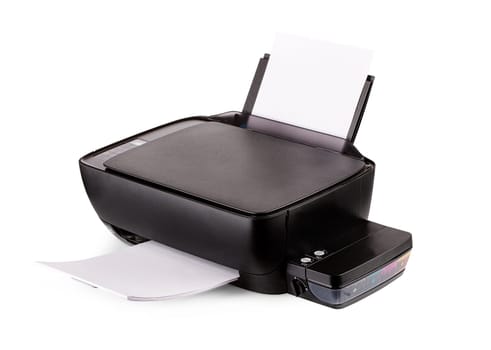 The New modern multifunction  black inkjet printer with paper isolated on white background