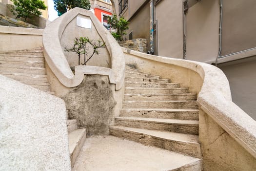 Kamondo Stairs, a famous pedestrian stairway leading to Galata Tower, built around 1870, located on Banks Street in Galata, Karakoy district of Istanbul, Turkey