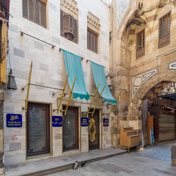 Cairo, Egypt- June 26 2020: Modern famous Naguib Mahfouz coffeehouse, located in historic Mamluk era Khan al-Khalili famous bazaar and souq, closed during Covid-19 lockdown
