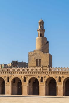 A vertical shot of a spiral minaret of Ibn Tulun Mosque in Cairo, Egypt