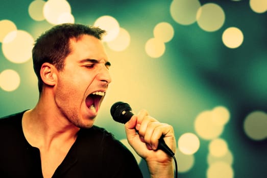 Retro image of man singing into microphone