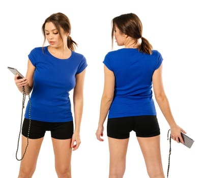 Photo of a sexy young woman with shorts wearing a blank blue shirt, front and back.