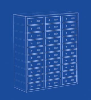 3d wire-frame model of bank safety lockers cabinet