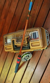 fishing vintage rod big reel, fishing box for fishing still life