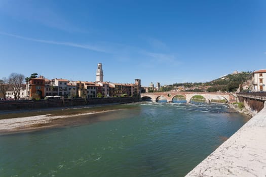 A view of Ponte Pietra, Verona panorama, Italy