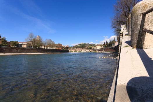 A view of Ponte Pietra, Verona panorama, Italy