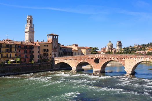 A view of Ponte Pietra, Verona panorama, Italy