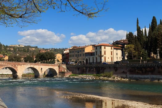 A view of Ponte Pietra, Verona panorama, Italy