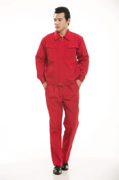 The young engineer various occupation clothing standing in front of a white background