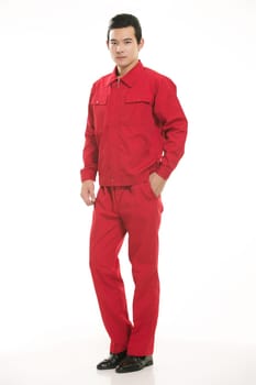 The young engineer various occupation clothing standing in front of a white background