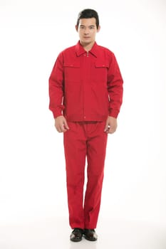 The young engineer various occupation clothing standing in front of a white background