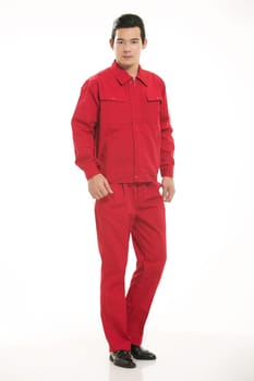 The young engineer various occupation clothing standing in front of a white background