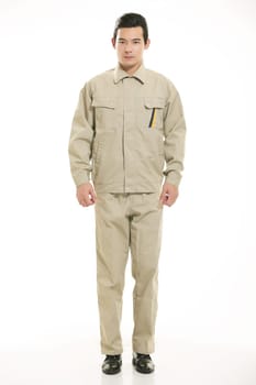 The young engineer various occupation clothing standing in front of a white background