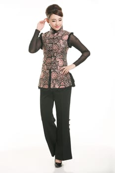Wearing Chinese clothing waiter in front of a white background