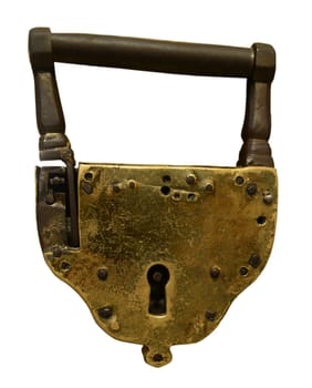 Old padlock without key, isolated on white background.