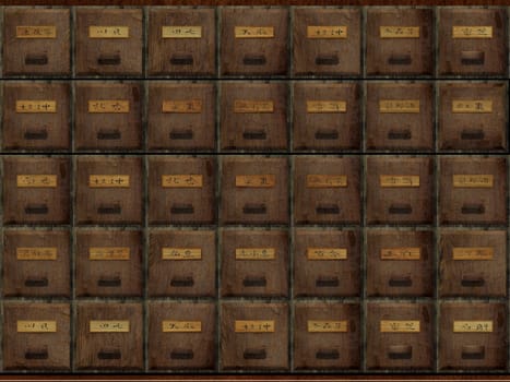 The 3d rendering of antique chest used to store chinese medicinal herbs