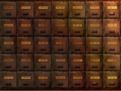The 3d rendering of antique chest used to store chinese medicinal herbs