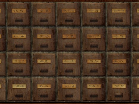 The 3d rendering of antique chest used to store chinese medicinal herbs