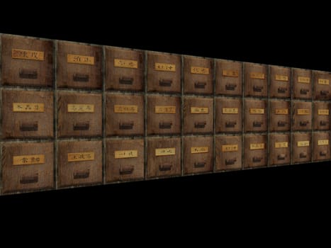 The 3d rendering of antique chest used to store chinese medicinal herbs