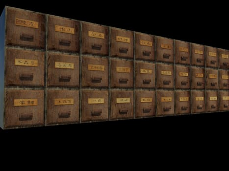 The 3d rendering of antique chest used to store chinese medicinal herbs