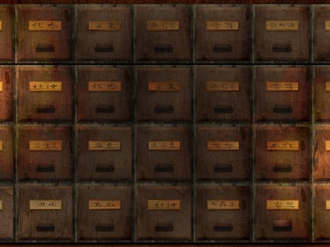 The 3d rendering of antique chest used to store chinese medicinal herbs