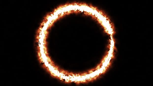 Flame circle with 3d render hot glow around perimeter. Symbol of dangerous decision and difficult trials. Bright frame for digital interior web presentation. Futuristic decor of nascent star.
