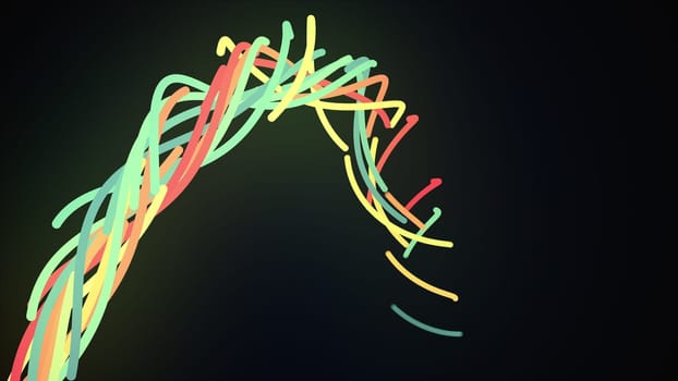 Twisting weave 3d rendering of lines in minimalist design. Abstract digital textures tangled and compressed into rope with decaying ends. Spiral bright roll with dynamic unwinding.