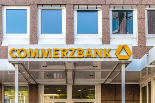 GIESSEN, GERMANY - 2021_04_09: Commerzbank Logo on a Facade. Commerzbank AG is one of the largest banks in Germany, it is active in commercial banking, retail banking and mortgaging