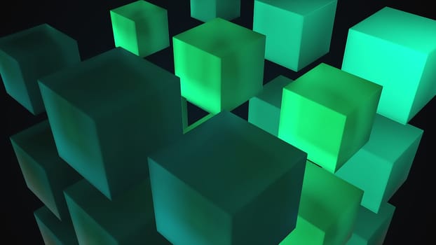 Semitransparent squares with matte 3d render and soft lighting. Mosaic and geometric simple crystals for digital presentation and cyber decor. Azure surface with glass coating.