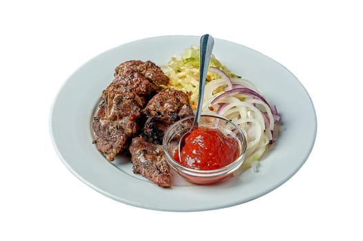Veal kebab with salad and ketchup on an isolated background. High quality photo