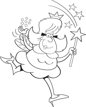 Black and white illustration of a fairy godmother waving a magic wand.