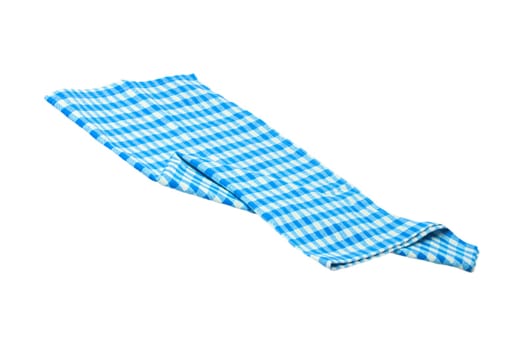 Closeup of a blue and white checkered napkin or tablecloth texture isolated on white background. Kitchen accessories.