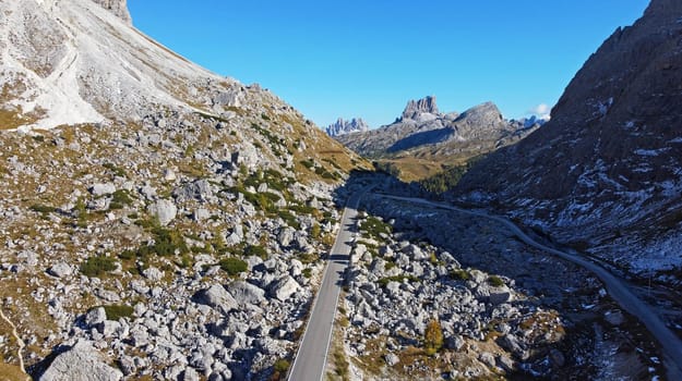 Aerial view with drone from Valparola Pass in South Tyrol, Italy