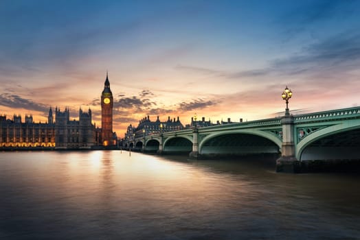 Big Ben and Westminster Bridge at dusk, London, UK