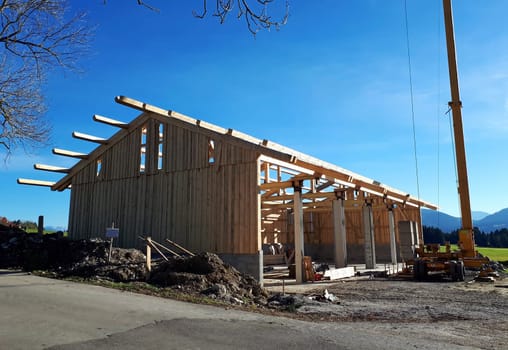 New construction of a large wooden barn in Bavaria