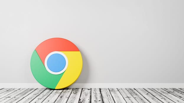 Google Chrome Browser Logo 3D Symbol Shape on Wooden Floor Against Gray Wall with Copy Space 3D Render Illustration