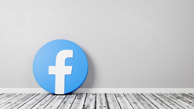 Facebook Logo 3D Symbol Shape on Wooden Floor Against Gray Wall with Copy Space 3D Render Illustration