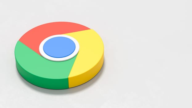 Google Chrome Browser Logo 3D Symbol Shape on Plastered Light Grey Background with Copy space 3D Illustration