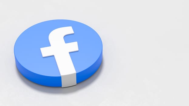 Facebook Logo 3D Symbol Shape on Plastered Light Grey Background with Copy space 3D Illustration