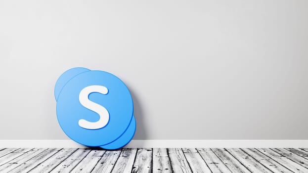 Skype Logo 3D Symbol Shape on Wooden Floor Against Gray Wall with Copy Space 3D Render Illustration