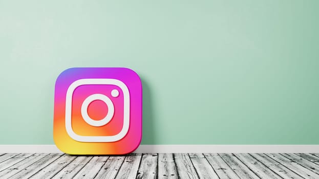 Instagram Logo 3D Symbol Shape on Wooden Floor Against Green Wall with Copy Space 3D Render Illustration