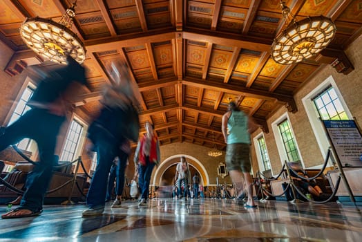 Waiting room of railroad Union Station in Los Angeles, California, USA
