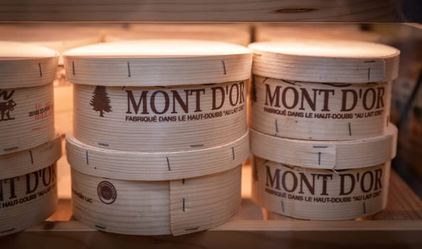 December 3 2021, Lyon, Rhone Alpes Auvergne, France : Mont d'Or famous cheese from Haut Doub wheel in a ripening cellar