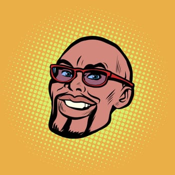 Head male African American portrait. Businessman with glasses, smile happiness. Pop Art Retro Vector Illustration Vintage kitsch 50s 60s Style