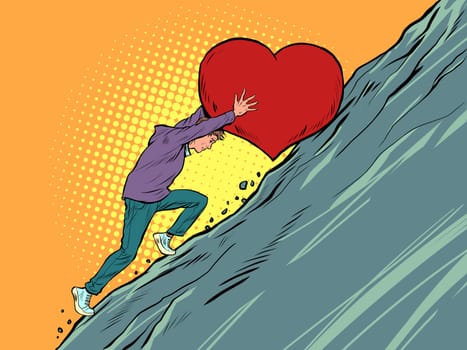 sisyphean labor a lover believes in love, rolls a valentines heart up the mountain. Pop Art Retro Vector Illustration Vintage kitsch 50s 60s Style