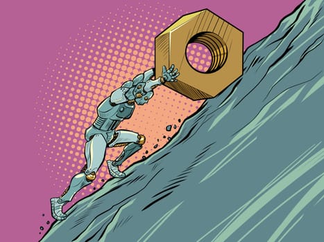sisyphean labor the robot rolls the nut part to the top of the mountain. Pop Art Retro Vector Illustration Vintage kitsch 50s 60s Style