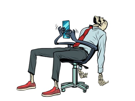 The businessman died in the office, but the robot chair continues to work for him and respond to messages in the smartphone. Pop Art Retro Vector Illustration Kitsch Vintage 50s 60s Style